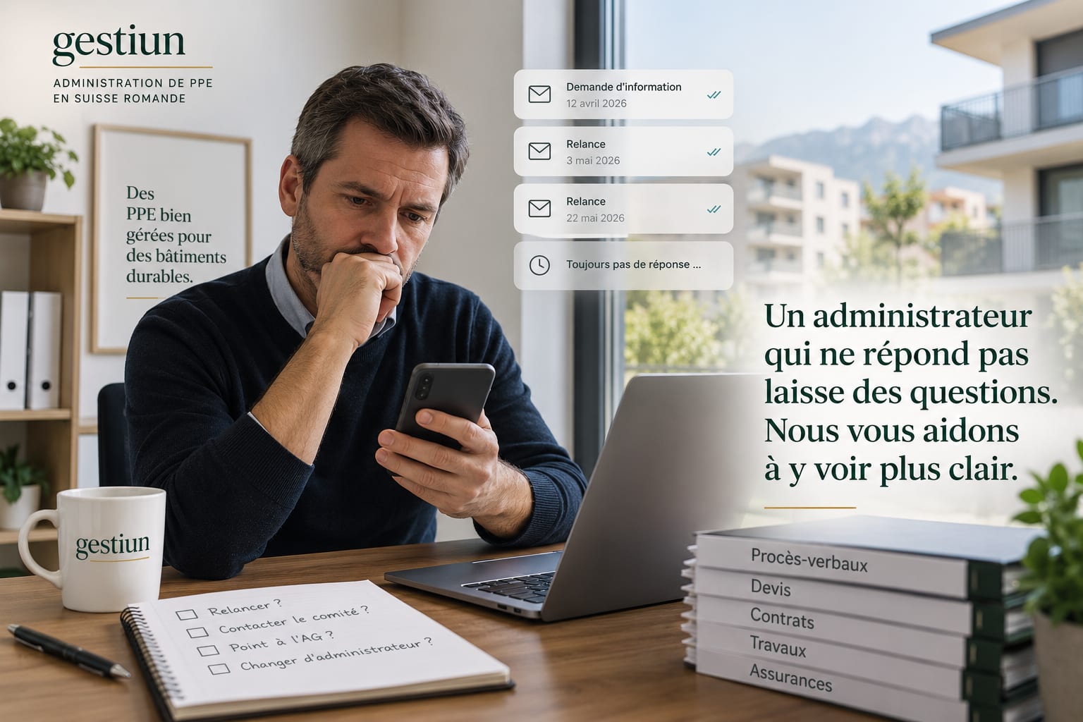 Bannière de l’article : un copropriétaire consulte son téléphone devant un ordinateur portable, à côté d’un carnet de questions et d’une pile de classeurs de copropriété.