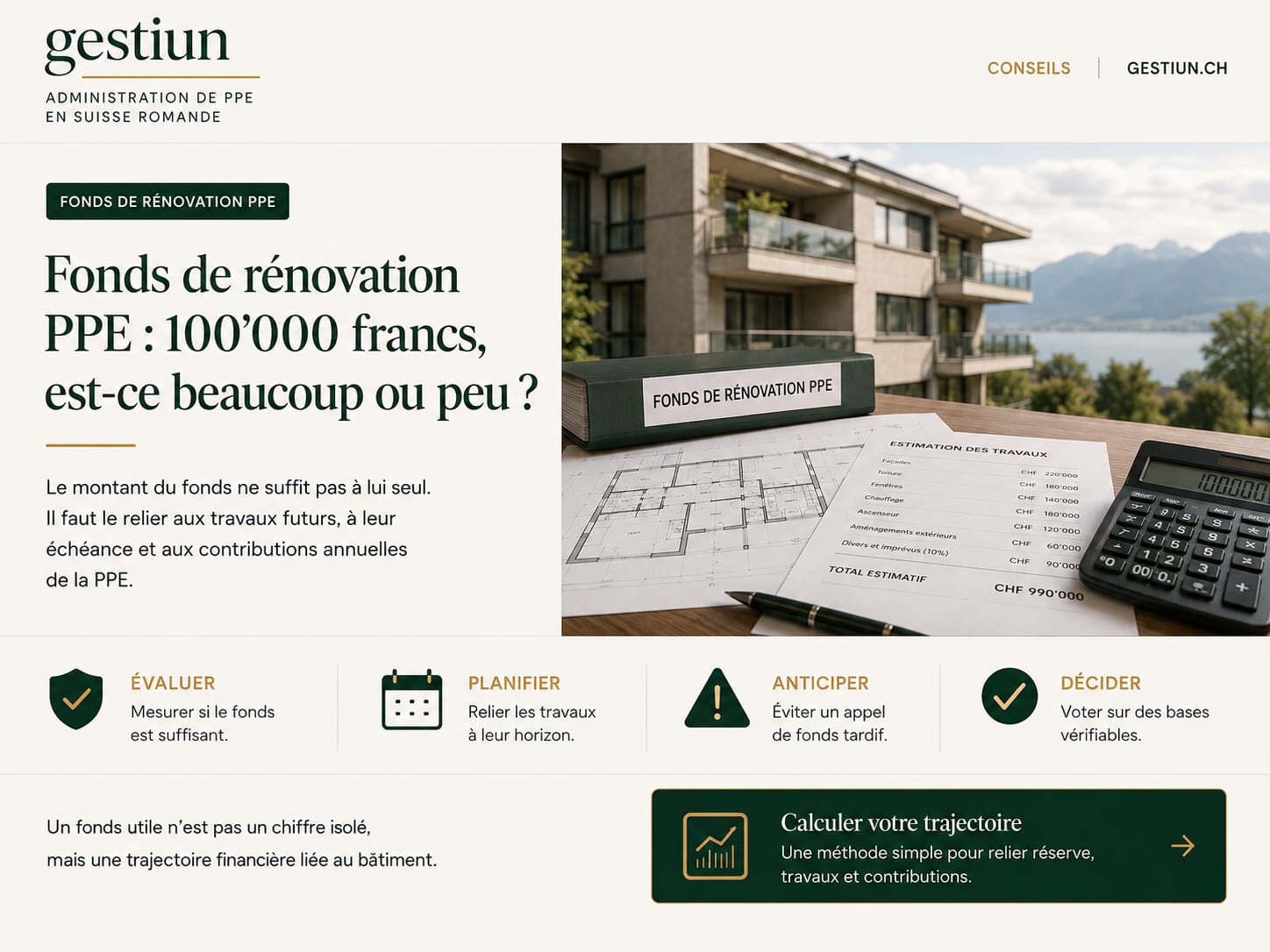 Bannière de l’article : un immeuble d’habitation, un classeur intitulé « Fonds de rénovation PPE » posé sur des plans, une estimation de travaux et une calculatrice.
