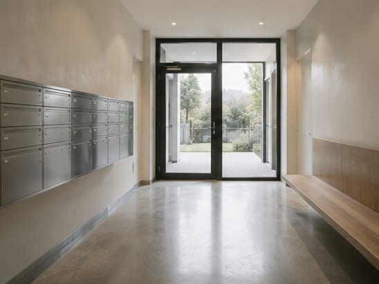 Hall d’entrée d’un immeuble résidentiel avec boîtes aux lettres, Suisse romande