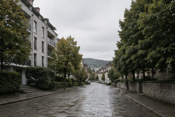 Rue résidentielle bordée d’immeubles d’habitation, Suisse romande